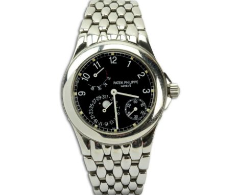 Man's Patek Philippe Power Reserve Moonphase 5085/1A Stainless Steel Bracelet Watch with Automatic Movement. Black Dial with 