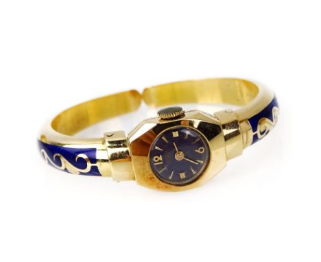 Lady's Vintage Delicate 18 Karat Yellow Gold and Enamel Swiss Niga Cuff Bangle Manual Movement Watch. Stamped 750 and Swiss h