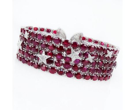 Approx. 72.63 Carat Oval Cut Burma Ruby, 3.41 Carat Pave Set Round Brilliant Cut Diamond and 18 Karat White Gold Bracelet. Di