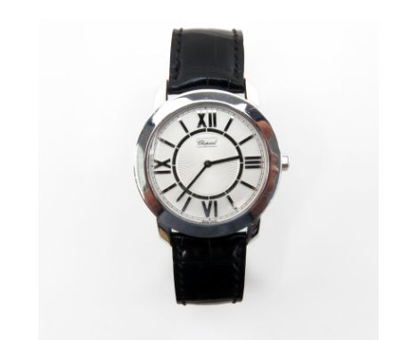 Man's Chopard 18 Karat White Gold Automatic Movement Watch with Roman Numeral Hour Markers and Crocodile Strap with 18 Karat 