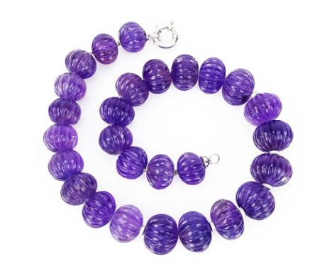 Lady's Vintage Approx. 600.0 Carat Carved Amethyst Bead and 18 Karat White Gold Necklace with Small Diamond Accents. Amethyst