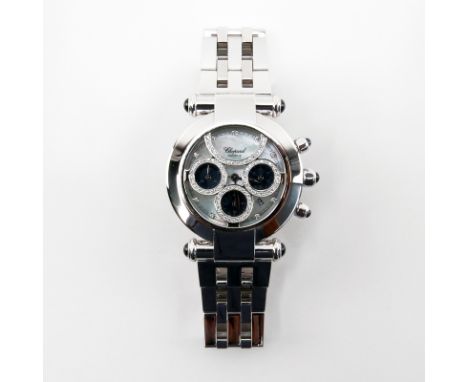 Man's Chopard 18 Karat White Gold Chronometer Bracelet swatch with Pave Set Diamond Overlay to Crystal, Mother of Pearl Dial 