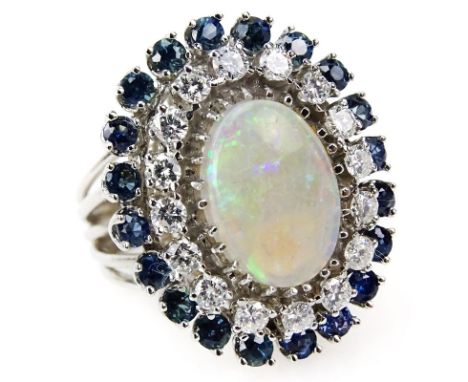 Vintage 1970s Australian Opal, 2.50 carat Round Brilliant Cut Diamond, Round Brilliant Cut Sapphire and 14 Karat White Gold R