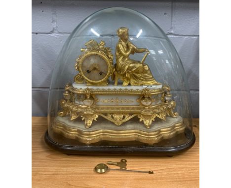 A 19th C French gilt spelter and white marble mantel clock on wooden stand and under dome, overall H. 42cm.