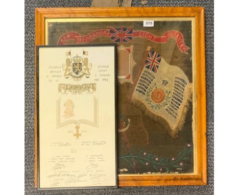 A 19th Century framed embroidery celebrating the 52nd Oxfordshire Light Infantry, 63 x 62cm. Together with a further military