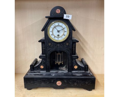 A 19th C Belgian slate mantel clock with marble inlay and mercury pendulum, H. 47.5cm.
