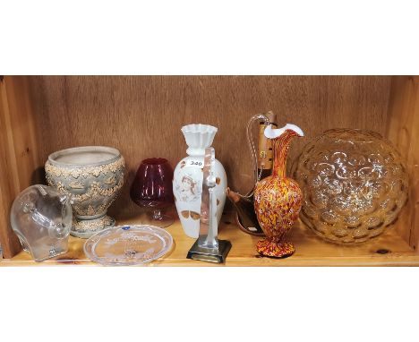 A Doulton stoneware oil lamp base and a group of mixed glassware.