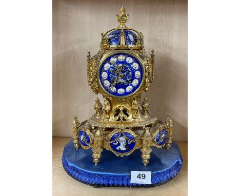 A 19th Century French gilt brass and enamel mantel clock and base stamped Leroy &amp; Fils Paris number 6495, H. 37cm. No pen