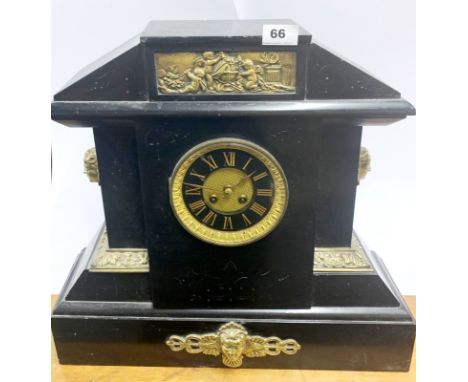 A large 19th C French brass mounted slate mantel clock, H. 47cm W. 51cm.