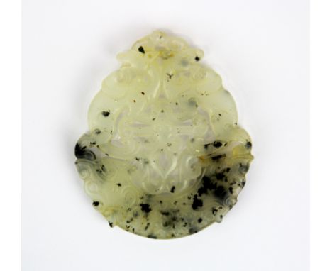 A fine Chinese carved speckled mutton fat jade amulet of dragons H. 7.5cm