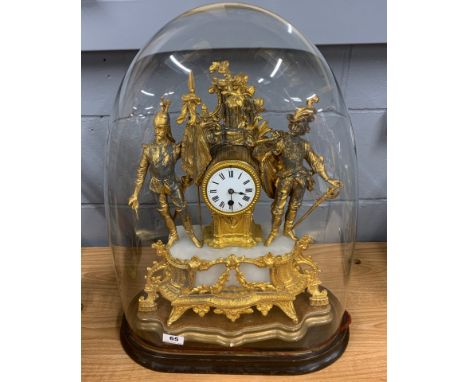 A large 19th Century French gilt spelter and onyx mantel clock under dome, overall H. 58cm. No pendulum.