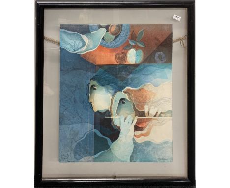 A large double glass framed lithograph 90/250 entitled 'Concert of the future' by P. War, frame size 86 x 101cm.
