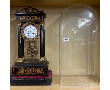 A lovely inlaid regency Portico clock under dome by Mesnier Fils Paris with glass dome and base, clock H. 49, overall H. 60cm