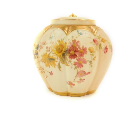 A Royal Worcester blush porcelain vase, c1895, of lobed form, with inner lid, decorated with spring flowers, shape no 1313, p