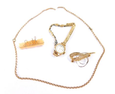 A Jaquet-Dorz 9ct gold cased lady's wristwatch, the silvered dial bearing gilt batons, on a plated strap, a 14ct two colour g