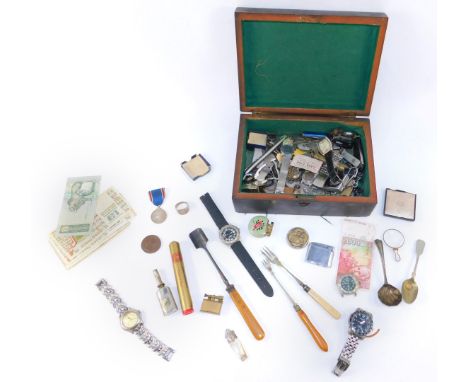 A brass miniature four drawer telescope, Victory Medal to W. Barker, A.B, R.N.V.R, further medals and coins, an Army service 