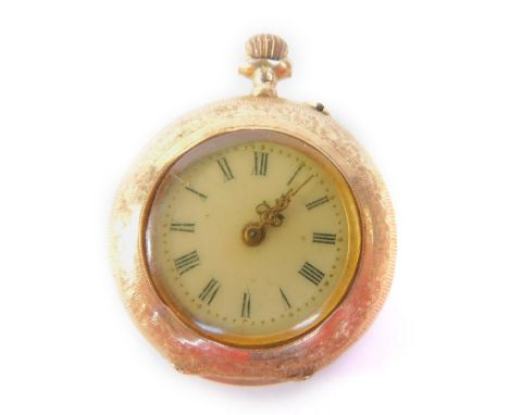 A lady's 14ct gold cased pocket watch, open faced, keyless wind, dial bearing Roman numerals, the case with engraved rococo s