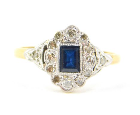 An 18ct gold platinum sapphire and diamond ring, size P, 2.6g.