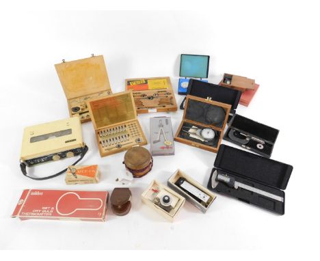 Watchmaker's and other precision tools, including digital calipers, stocks and dies, an adjustable comparator, and a Universa