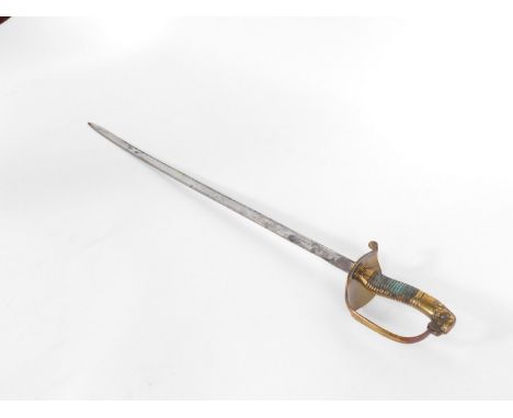 A Spanish infantry sword, with a brass hilt embossed with a coat of arms, brass grip with lion's head pommel, steel blade eng