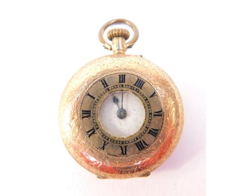 A lady's 9ct gold cased half hunter pocket watch, keyless wind, circular dial bearing Roman numerals, Swiss movement, the cas