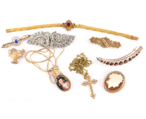 Victorian and later gold and gem set jewellery,  including a porcelain oval portrait pendant on chain, seed pearl set cross o