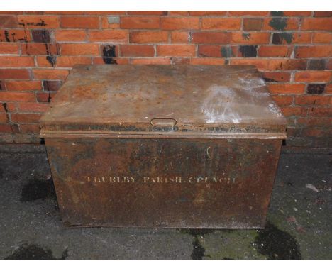 A Thurlby Parish Council tin trunk, 64cm H, 105cm W, 67cm D.