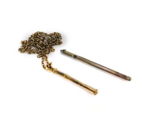 An 18ct gold propelling tooth pick, on a 9ct gold belcher link neck chain, 22.1g all in, together with asilver propelling twi