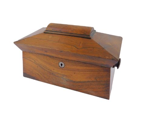 A Regency rosewood sarcophagus tea caddy, with turned wooden handles, triple compartment interior, 33cm W, 18cm D, 20cm H.