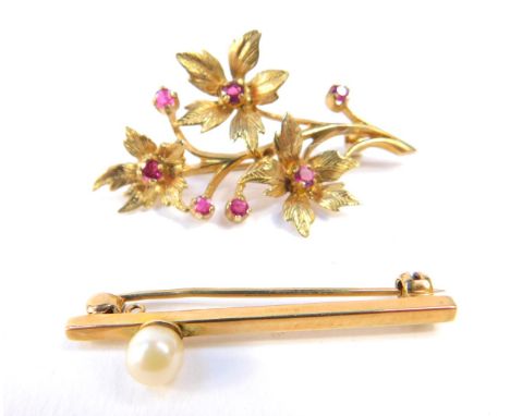 A 9ct gold and ruby floral spray brooch, together with a 9ct gold and cultured pearl pin, 8.0g