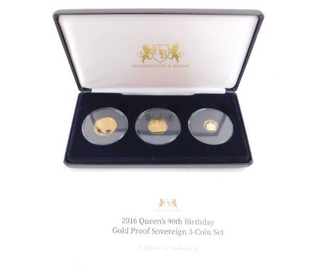 An Elizabeth II 90th Birthday gold proof sovereign three coin set of sovereign, half sovereign and quarter sovereign, 2016, T