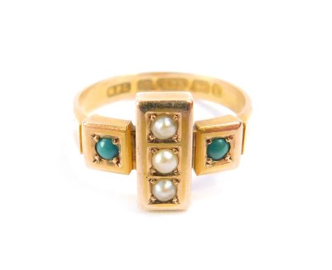A Victorian 15ct gold seed pearl and turquoise set ring, in a cross design, size N, 3.3g.