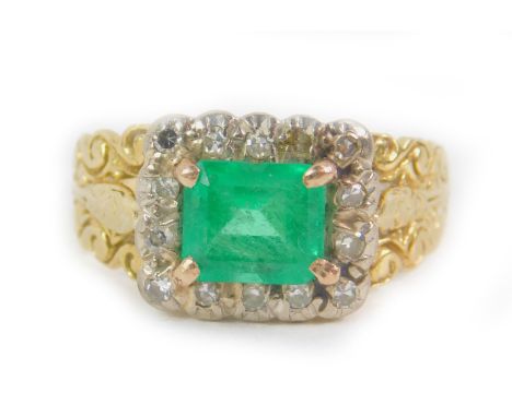 A Georgian style 18ct gold emerald and diamond ring, the emerald cut faceted emerald approx 1ct, size N, 5.1g.