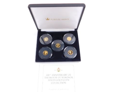 The 100th Anniversary of The House of Windsor 9 carat gold proof five coin set, 2017, five coins weighing 1g each, Jubilee Mi