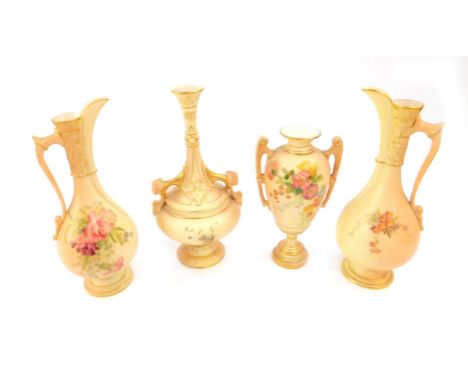 A group of Royal Worcester blush porcelain, comprising a pair of baluster ewers, decorated with spring flowers, 18cm H, twin 