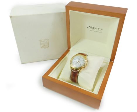A Zenith 18ct EL Primero 18ct gold gentleman's chronometer wristwatch, No 203, Serial No 30.1950.400, on a leather strap, wit