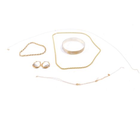A 9ct gold rope twist neck chain, further neck chains, similar bracelet. and a pair of two colour hoop earrings cast with a p