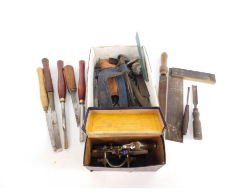 A Record Plough Plane No. 04, boxed, together with chisels, files, clamps and sundry tools.