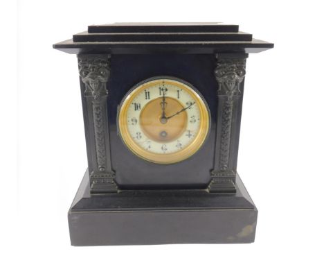A Victorian slate mantel clock, brass circular dial with enamel chapter ring bearing Arabic numerals, thirty hour movement, t