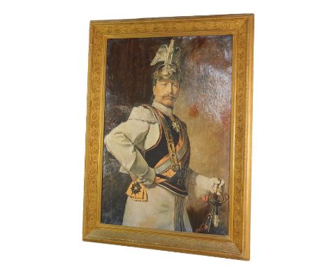 After F Pappen (German, early 20thC). Half length portrait of Kaiser Wilhelm II in military uniform, oleograph, 98cm x 66cm.