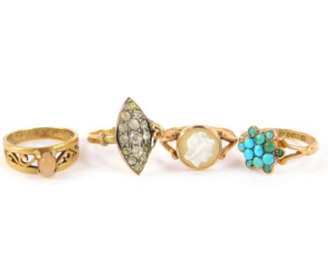 Four Victorian and later 9ct gold and gem set rings, comprising a cameo ring, size O, turquoise set flower head ring, size P,