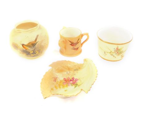 A group of Royal Worcester blush porcelain, comprising a butter tub painted with meadow flowers, c1903, a leaf shaped dish, c