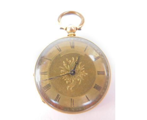 A lady's 18ct gold cased pocket watch, open faced, key wind, circular foliate engraved dial bearing Roman numerals, the case 