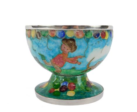 A silver and plique-a-jour enamel and silver bowl on stand, decorated with children and animals playing, with balloons above,