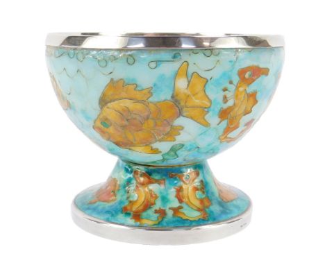 A silver and plique-a-jour enamel and silver bowl on stand, decorated with sea creatures against a blue ground, with silver t