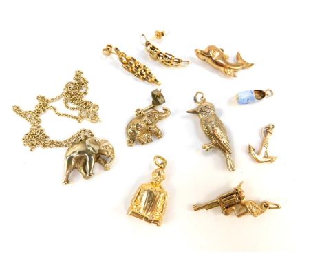 Five 9ct gold charms, 7.4g, 14ct and enamel Dutch clog charm, 9ct gold single elephant earring, further pair of earrings, and