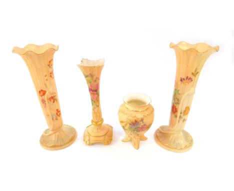 Four Royal Worcester blush porcelain vases, comprising a pair of vases of lily form, c1903, painted with meadow flowers, 19cm