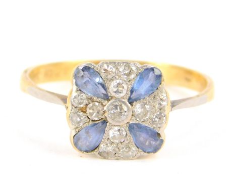 An Art Deco 18ct gold sapphire and diamond ring, in a square cushion setting, diamonds approximately 0.25 carats, size O, 2.0