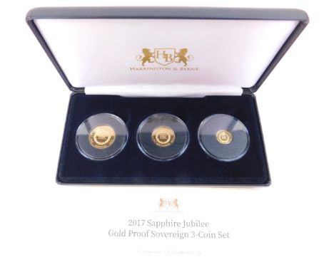 An Elizabeth II Sapphire Jubilee gold proof sovereign three coin set of sovereign, half sovereign and quarter sovereign, 2017