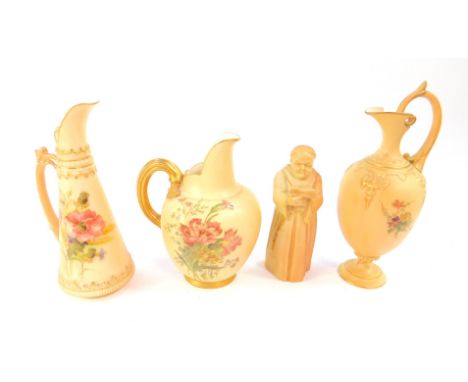 A Royal Worcester blush porcelain candle snuffer modelled as a monk, c1915, 12.5cm H, fluted baluster jug painted with flower